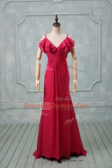Amazing Brush Train Empire Dress for Prom Hot Pink Straps Chiffon Sleeveless Zipper