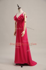 Amazing Brush Train Empire Dress for Prom Hot Pink Straps Chiffon Sleeveless Zipper