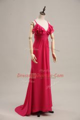 Amazing Brush Train Empire Dress for Prom Hot Pink Straps Chiffon Sleeveless Zipper
