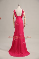 Amazing Brush Train Empire Dress for Prom Hot Pink Straps Chiffon Sleeveless Zipper