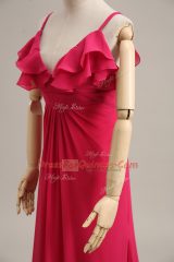 Amazing Brush Train Empire Dress for Prom Hot Pink Straps Chiffon Sleeveless Zipper