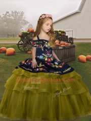 Olive Green Ball Gowns Tulle Straps Sleeveless Embroidery and Ruffled Layers Floor Length Lace Up Child Pageant Dress