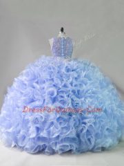 Lavender Zipper Quinceanera Dresses Sleeveless Floor Length Beading and Ruffles