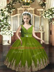 Olive Green Tulle Backless Evening Gowns Sleeveless Floor Length Embroidery