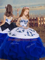 Royal Blue Ball Gowns Embroidery and Ruffles Little Girls Pageant Gowns Lace Up Sleeveless Floor Length