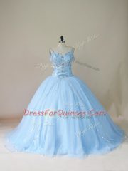 Custom Made Light Blue Sleeveless Tulle Brush Train Lace Up Quinceanera Dress for Sweet 16 and Quinceanera