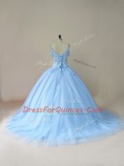 Custom Made Light Blue Sleeveless Tulle Brush Train Lace Up Quinceanera Dress for Sweet 16 and Quinceanera