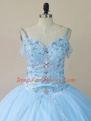 Custom Made Light Blue Sleeveless Tulle Brush Train Lace Up Quinceanera Dress for Sweet 16 and Quinceanera