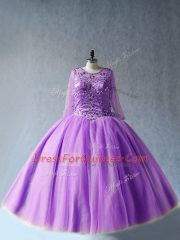 Sweet Ball Gowns 15th Birthday Dress Lavender Scoop Tulle Long Sleeves Floor Length Lace Up