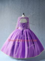Sweet Ball Gowns 15th Birthday Dress Lavender Scoop Tulle Long Sleeves Floor Length Lace Up