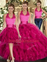Fashionable Fuchsia Sweet 16 Quinceanera Dress Sweet 16 and Quinceanera with Ruffles Halter Top Sleeveless Lace Up