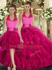 Fashionable Fuchsia Sweet 16 Quinceanera Dress Sweet 16 and Quinceanera with Ruffles Halter Top Sleeveless Lace Up