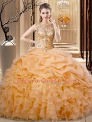 Hot Sale Orange Organza Lace Up Vestidos de Quinceanera Sleeveless Floor Length Beading and Ruffles