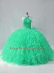Glittering Turquoise Tulle Lace Up Halter Top Sleeveless Sweet 16 Quinceanera Dress Beading and Ruffles