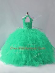 Glittering Turquoise Tulle Lace Up Halter Top Sleeveless Sweet 16 Quinceanera Dress Beading and Ruffles