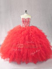 Delicate Sleeveless Tulle Floor Length Lace Up Quinceanera Dress in Red with Beading and Ruffles