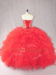 Delicate Sleeveless Tulle Floor Length Lace Up Quinceanera Dress in Red with Beading and Ruffles