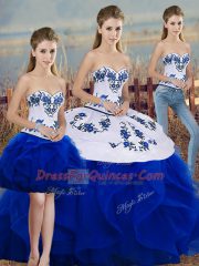 Shining Royal Blue Lace Up Sweetheart Embroidery and Ruffles and Bowknot 15th Birthday Dress Tulle Sleeveless