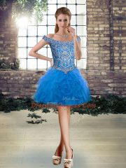Affordable Off The Shoulder Sleeveless Dress for Prom Mini Length Beading and Ruffles Blue Tulle