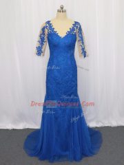3 4 Length Sleeve Tulle Brush Train Zipper Prom Dresses in Blue with Lace and Appliques