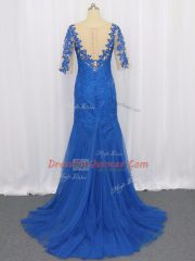 3 4 Length Sleeve Tulle Brush Train Zipper Prom Dresses in Blue with Lace and Appliques