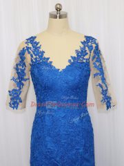 3 4 Length Sleeve Tulle Brush Train Zipper Prom Dresses in Blue with Lace and Appliques