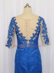 3 4 Length Sleeve Tulle Brush Train Zipper Prom Dresses in Blue with Lace and Appliques
