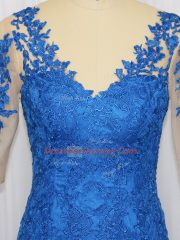 3 4 Length Sleeve Tulle Brush Train Zipper Prom Dresses in Blue with Lace and Appliques