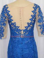 3 4 Length Sleeve Tulle Brush Train Zipper Prom Dresses in Blue with Lace and Appliques