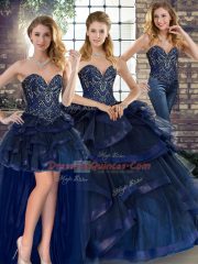Latest Sleeveless Floor Length Beading and Ruffles Lace Up Sweet 16 Quinceanera Dress with Navy Blue