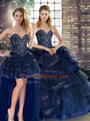 Latest Sleeveless Floor Length Beading and Ruffles Lace Up Sweet 16 Quinceanera Dress with Navy Blue