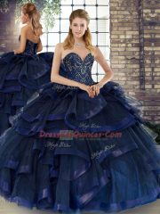 Latest Sleeveless Floor Length Beading and Ruffles Lace Up Sweet 16 Quinceanera Dress with Navy Blue