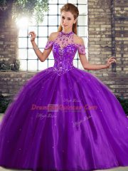 Purple Sleeveless Tulle Brush Train Lace Up Sweet 16 Dress for Military Ball and Sweet 16 and Quinceanera