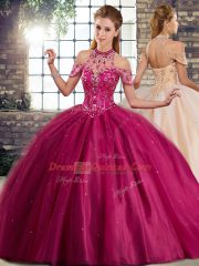 Fuchsia Halter Top Lace Up Beading 15th Birthday Dress Brush Train Sleeveless