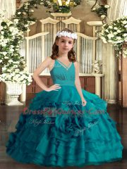 Sleeveless Organza Floor Length Zipper Pageant Gowns For Girls in Teal with Ruffled Layers and Hand Made Flower