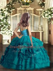 Sleeveless Organza Floor Length Zipper Pageant Gowns For Girls in Teal with Ruffled Layers and Hand Made Flower