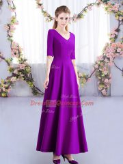 Graceful Eggplant Purple Satin Zipper V-neck Half Sleeves Ankle Length Court Dresses for Sweet 16 Ruching