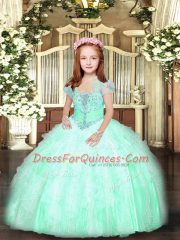 Admirable Apple Green Sleeveless Beading and Ruffles Floor Length Evening Gowns