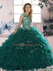 Hot Selling Scoop Sleeveless 15 Quinceanera Dress Floor Length Beading and Ruffles Peacock Green Organza
