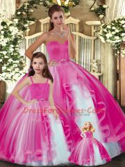Ball Gowns Vestidos de Quinceanera Hot Pink Sweetheart Tulle Sleeveless Floor Length Lace Up