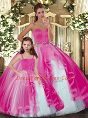 Ball Gowns Vestidos de Quinceanera Hot Pink Sweetheart Tulle Sleeveless Floor Length Lace Up