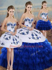Luxurious Royal Blue Ball Gowns Sweetheart Sleeveless Organza Floor Length Lace Up Embroidery and Ruffled Layers and Bowknot 15 Quinceanera Dress