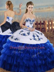 Luxurious Royal Blue Ball Gowns Sweetheart Sleeveless Organza Floor Length Lace Up Embroidery and Ruffled Layers and Bowknot 15 Quinceanera Dress