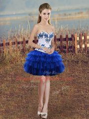 Luxurious Royal Blue Ball Gowns Sweetheart Sleeveless Organza Floor Length Lace Up Embroidery and Ruffled Layers and Bowknot 15 Quinceanera Dress