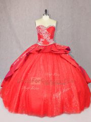 Stylish Sweetheart Sleeveless Court Train Lace Up Sweet 16 Quinceanera Dress Red Tulle