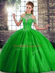 Sleeveless Beading Lace Up Quinceanera Gowns with Green Brush Train