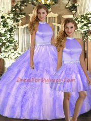 Tulle Halter Top Sleeveless Backless Beading and Ruffles Sweet 16 Dress in Lavender