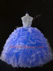 Customized Blue Organza Zipper Straps Sleeveless Floor Length 15 Quinceanera Dress Beading and Ruffles