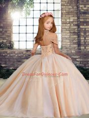 High-neck Sleeveless Little Girl Pageant Dress Floor Length Beading Fuchsia Tulle