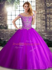 Purple Ball Gowns Beading Quince Ball Gowns Lace Up Tulle Sleeveless